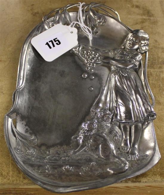 WMF pewter plaque, decorated girl with a bowl of cherries, two cats and flowering branches, no. 373